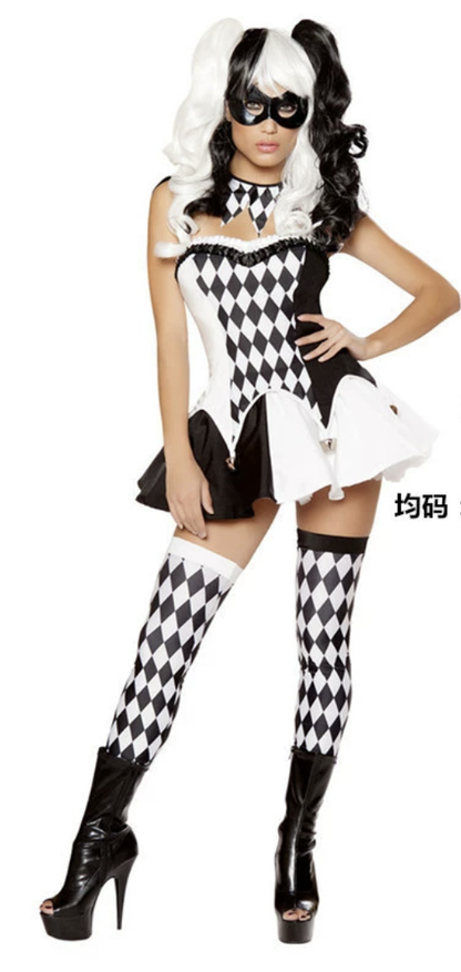 Harlequin Clown Costume - Black and White Diamond Pattern with Mask and Thigh-High Socks for Halloween