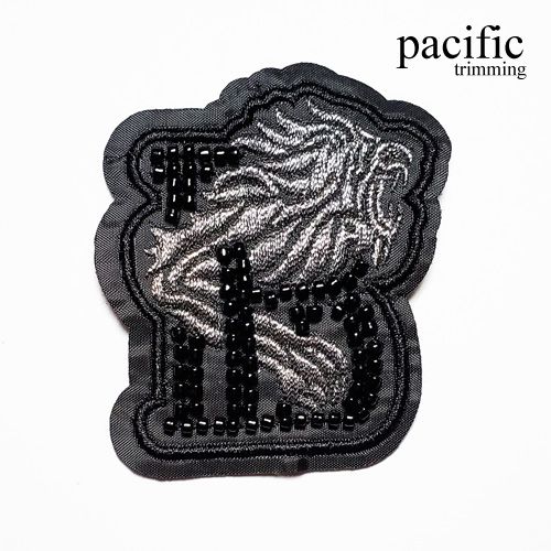 2.5 Inch Beaded Lion Roaring Patch Sew On Black