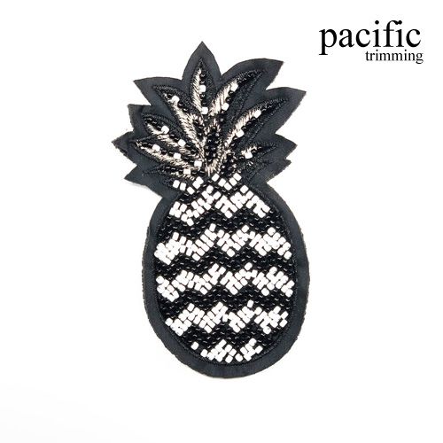 4.25 Inch Beaded Embroidery Pineapple Patch Sew On Black/White
