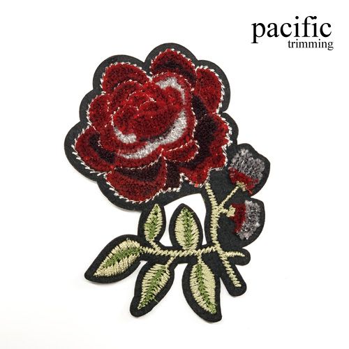4.25 Inch Rose Patch With Fur Iron On Red/Green