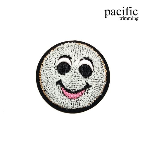 2 Inch Smiley Emoji Patch With Fur Iron On White/Black