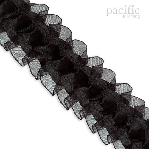 1.5 Inch Satin with Sheer Double Ruffle Center Stitch Black