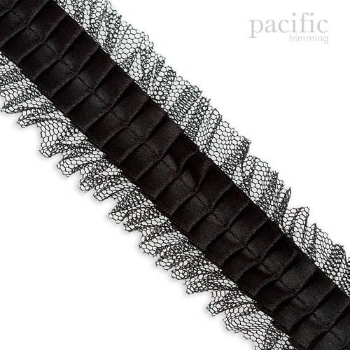 1.5 Inch Inch Satin with Net Double Pleated Center Stitch Black