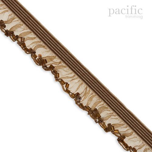 15mm Stretch Sheer Ruffle With Beads Edge Elastic Trim 280043RF Brown