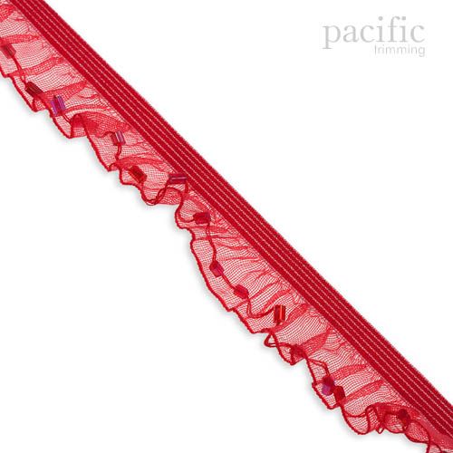 15mm Stretch Sheer Ruffle With Beads Edge Elastic Trim 280043RF Red