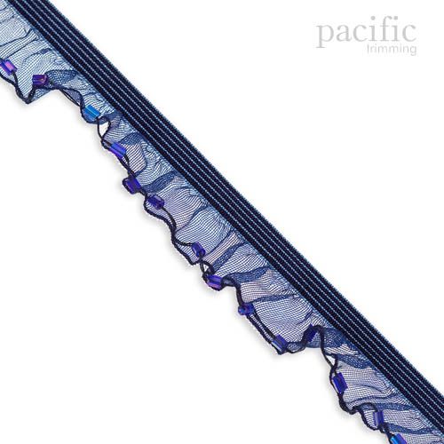 15mm Stretch Sheer Ruffle With Beads Edge Elastic Trim 280043RF Navy Blue