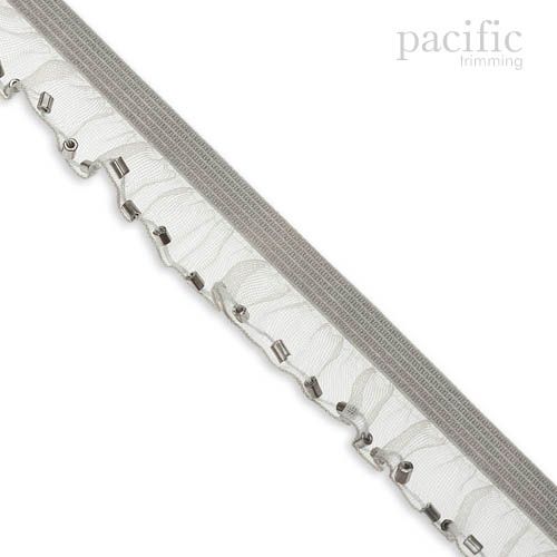 15mm Stretch Sheer Ruffle With Beads Edge Elastic Trim 280043RF Light Grey