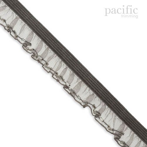 15mm Stretch Sheer Ruffle With Beads Edge Elastic Trim 280043RF Dark Grey