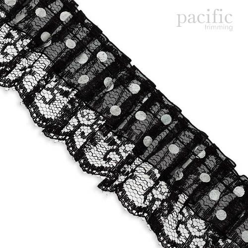 1.75 Inch 2-Layers Dot Sheer/Lace Ruffle Trim Black