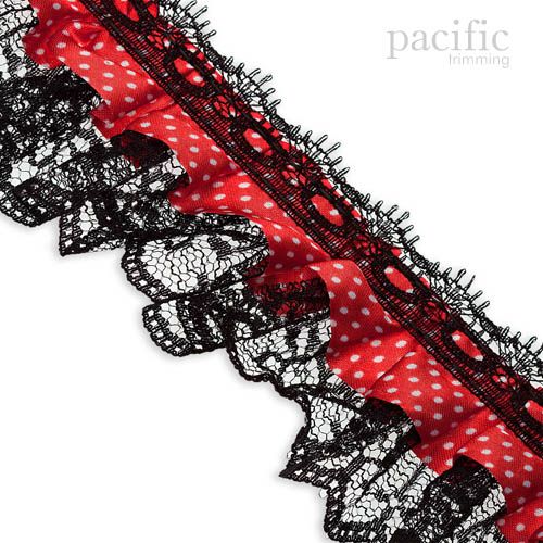 2 Inch 2-Layers Dot Satin/Lace Ruffle Trim Red