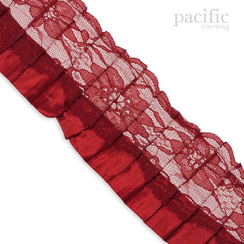 2.5 inch Satin Edged Lace Pleat Trim Dark Red