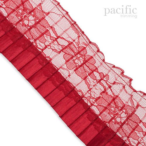 3 inch Satin Edged Lace Pleat Trim Red
