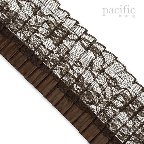 3 inch Satin Edged Lace Pleat Trim Brown