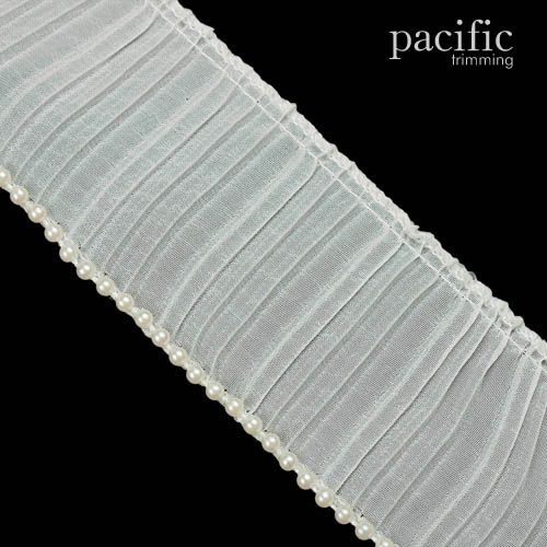 2.25 Inch Pleat Trim W/Pearl Beads Ivory