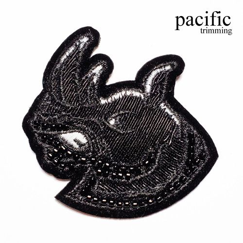 2.75 Inch Beaded Embroidery Rhinoceros Patch Sew On Black