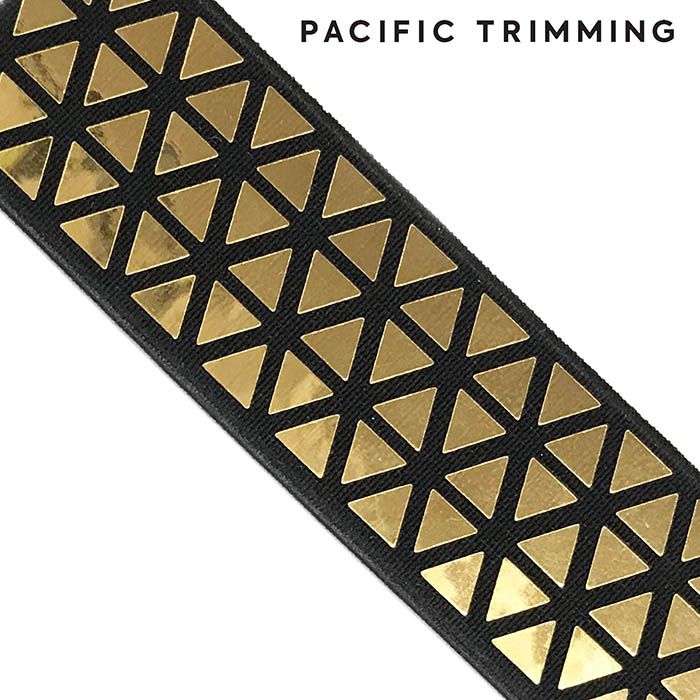 1 1/8 Inch Black and Gold Metallic Triangle Patterned Elastic