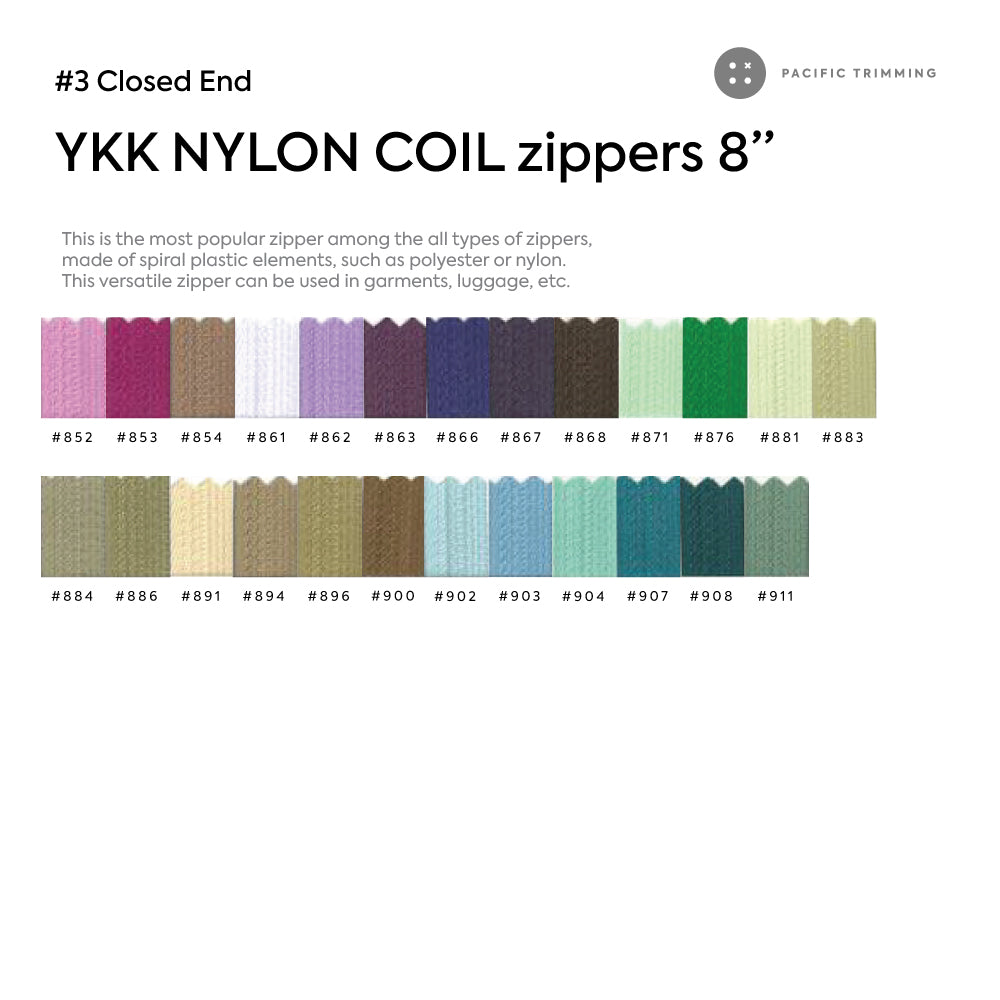 YKK #3 Closed end Nylon Coil Zipper 8"