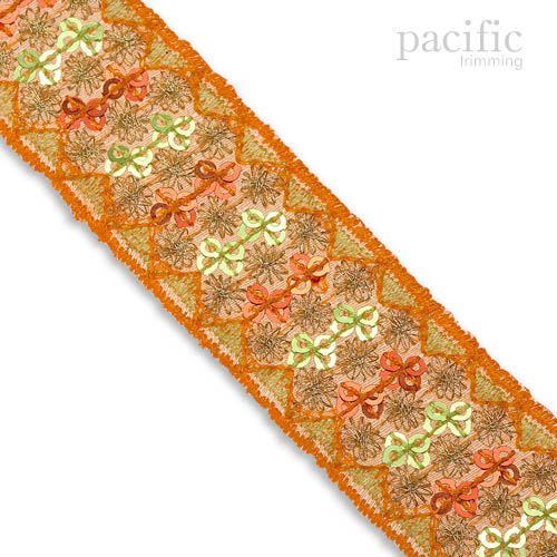1 Inch Embroidery With Sequins Trim Orange/Green
