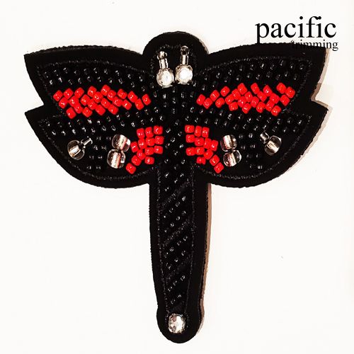 2.63 Inch Beaded Dragon Fly Patch Sew On Black/Red