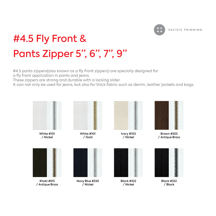 #4.5 Fly Front & Pants Zipper 5 Inch 6 Inch 7 Inch 9 Inch Color Chart