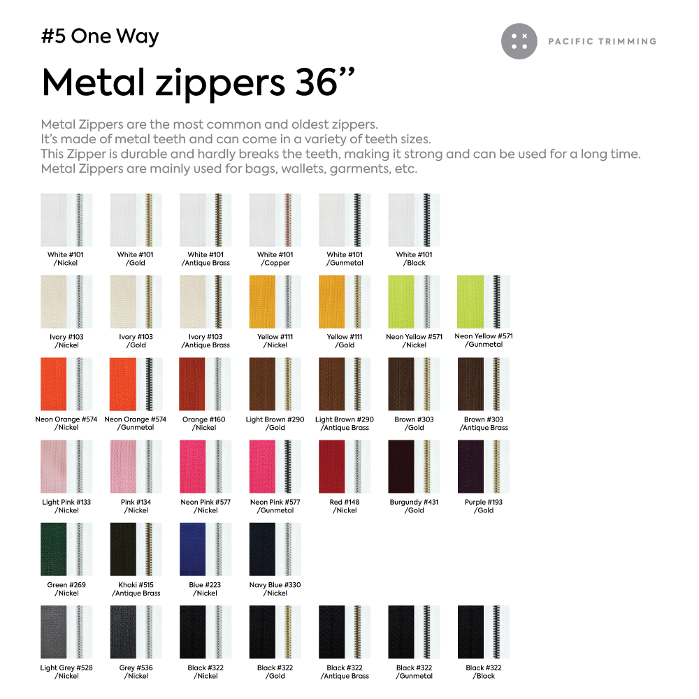 #5 One Way Metal Teeth Zipper 36 Inch Color Chart