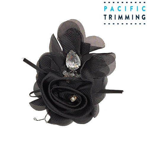 4 Inch Beautiful Floral Appliques with Rhinestone Black
