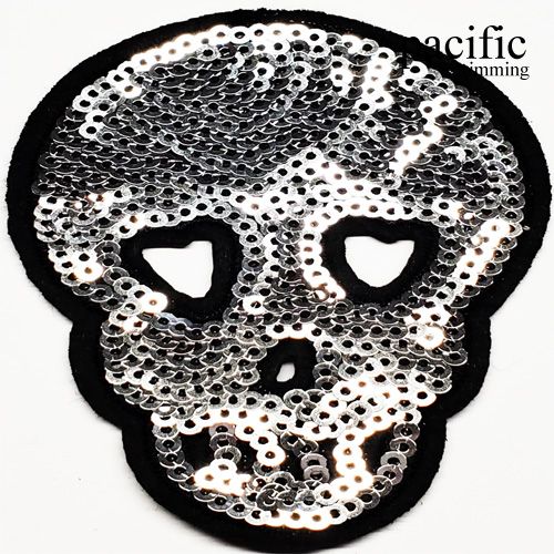 3.38 Inch Sequin Skull Patch Sew On Silver