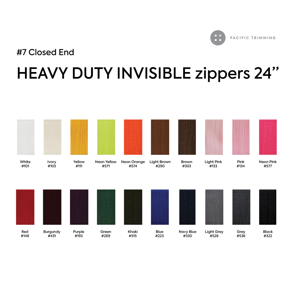 #7 Closed End Heavy Duty Invisible Zipper 24 Inch Color Chart