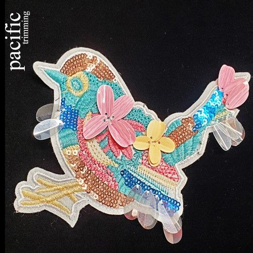 4 Inch Sequin Bird Sew On Patch Blue/Pink/Yellow