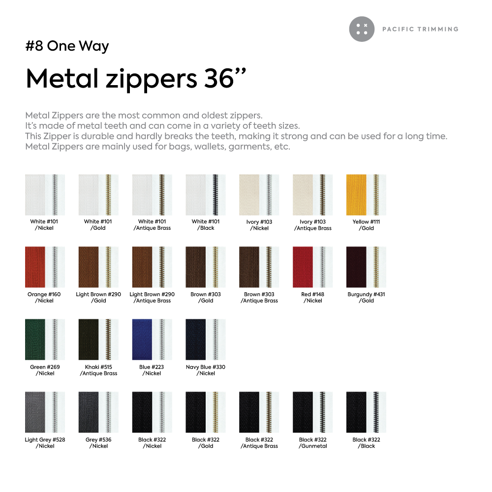 #8 One Way Metal Teeth Zipper 36 Inch Color Chart