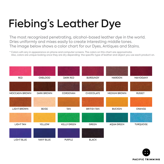 Fiebing's Leather Dye Multiple Colors 4oz Color Chart
