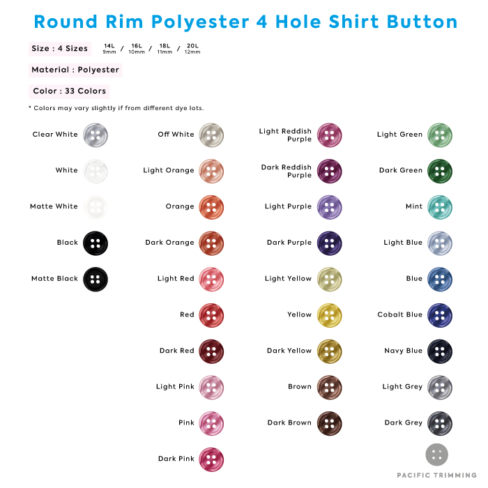 White & Black Round Rim Polyester 4 Hole Shirt Button Color Chart