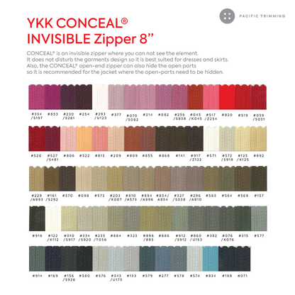 #2 YKK Conceal Invisible Zipper Closed End 8 Inch Color Chart