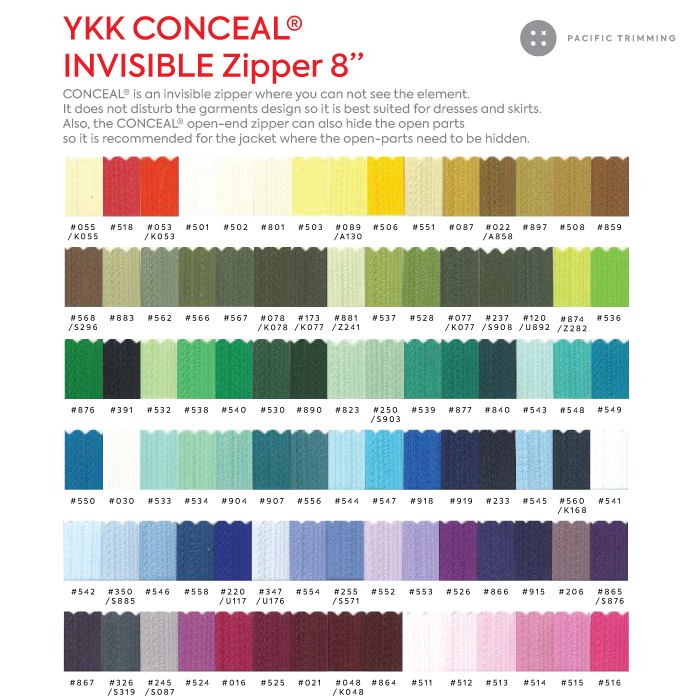 #2 YKK Conceal Invisible Zipper Closed End 8 Inch Color Chart
