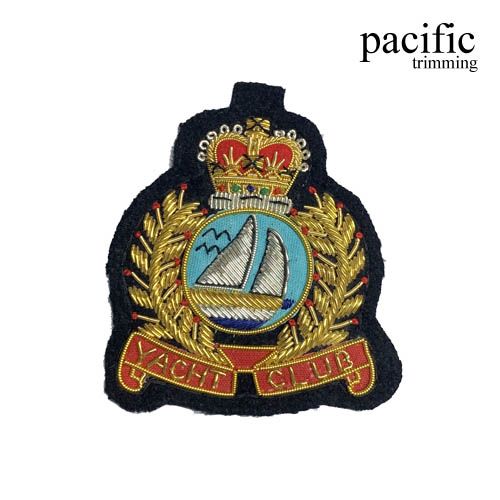 3 Inch  Zari Embroidery Yacht Club Emblem Badge Black/Gold/Silver