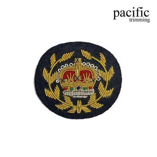 2.25 Inch Zari Embroidery Crown Emblem Badge Patch Sew On Black/Gold