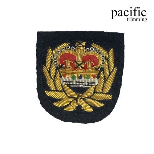 2.5 Inch  Zari Embroidery Crown Emblem Badge Patch Sew On Black/Gold