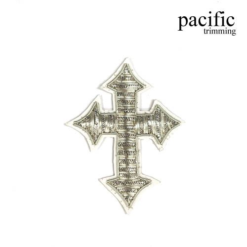 2.25 Inch Zari Embroidery Cross Symbol Emblem Badge Patch Sew On Silver