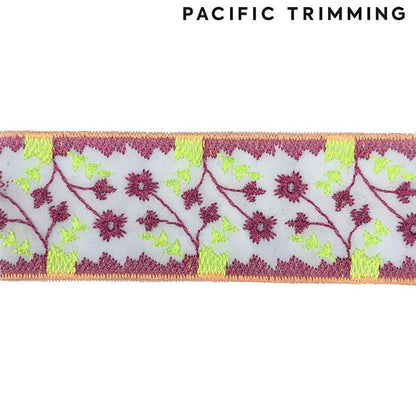 1.5 Inch Embroidered Trim White/Pink/Neon Green