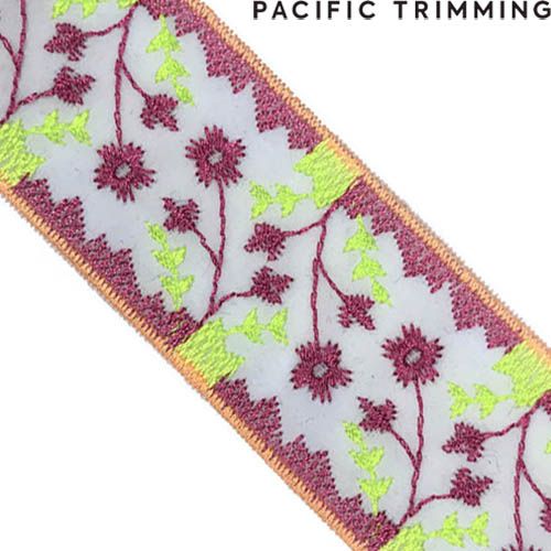 1.5 Inch Embroidered Trim White/Pink/Neon Green