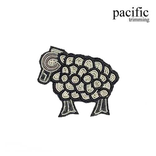 1.75 Inch Zari Embroidery Sheep Emblem Patch Sew On Black/Silver