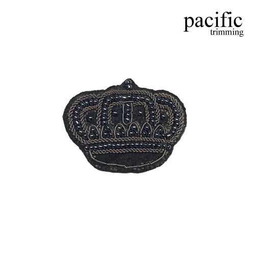 1.75 Inch Zari Embroidery Crown Emblem Beaded Patch Sew On Black