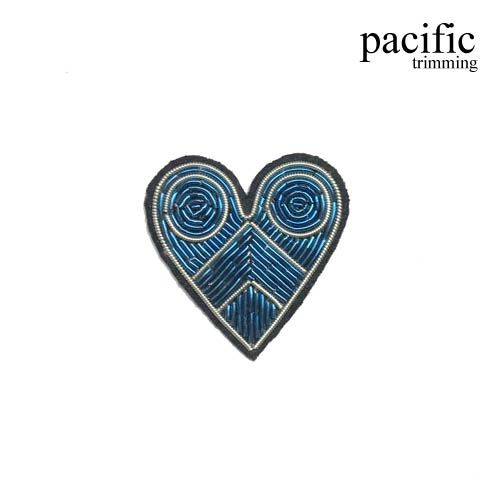 1.5 Inch Zari Embroidery Heart Blue Emblem Patch Sew On Black/Blue
