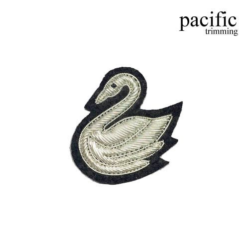 1.75 Inch Zari Embroidery Swan Emblem Patch Black/Silver