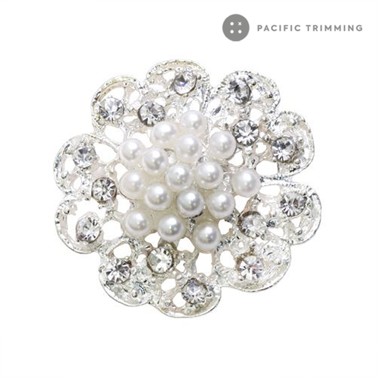 Flower Dome Shape Faux Pearl Rhinestone Button 120195RS