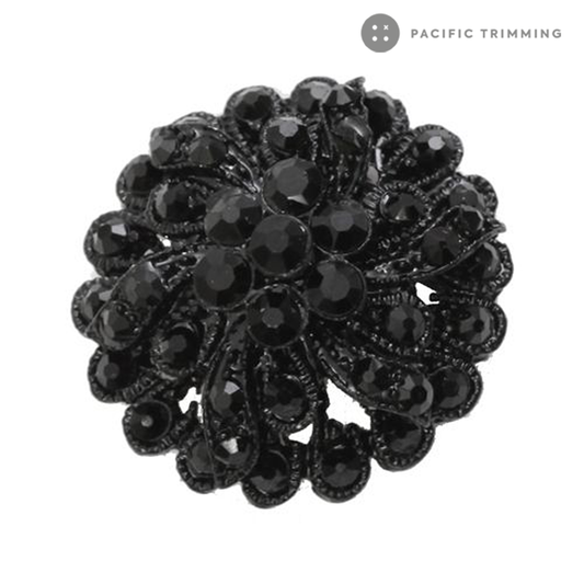 Flower Dome Shape Black Rhinestone Shank Button 120249RS 