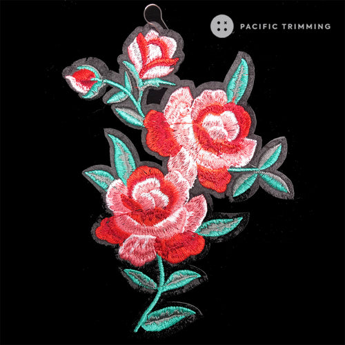 6.75 Inch Embroidery Rose Patch Iron On Red/Green
