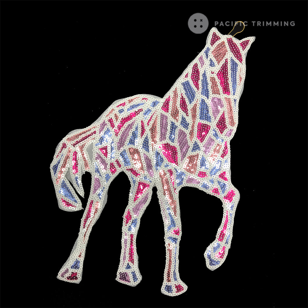 10 Inch Sequin Horse Patch Iron On Pink/White