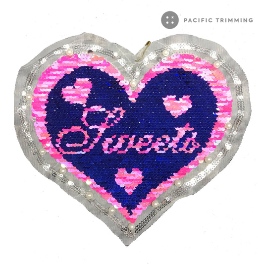 7.5 Inch Sequin Heart Shape Patch Sew On Pink/Blue/Silver